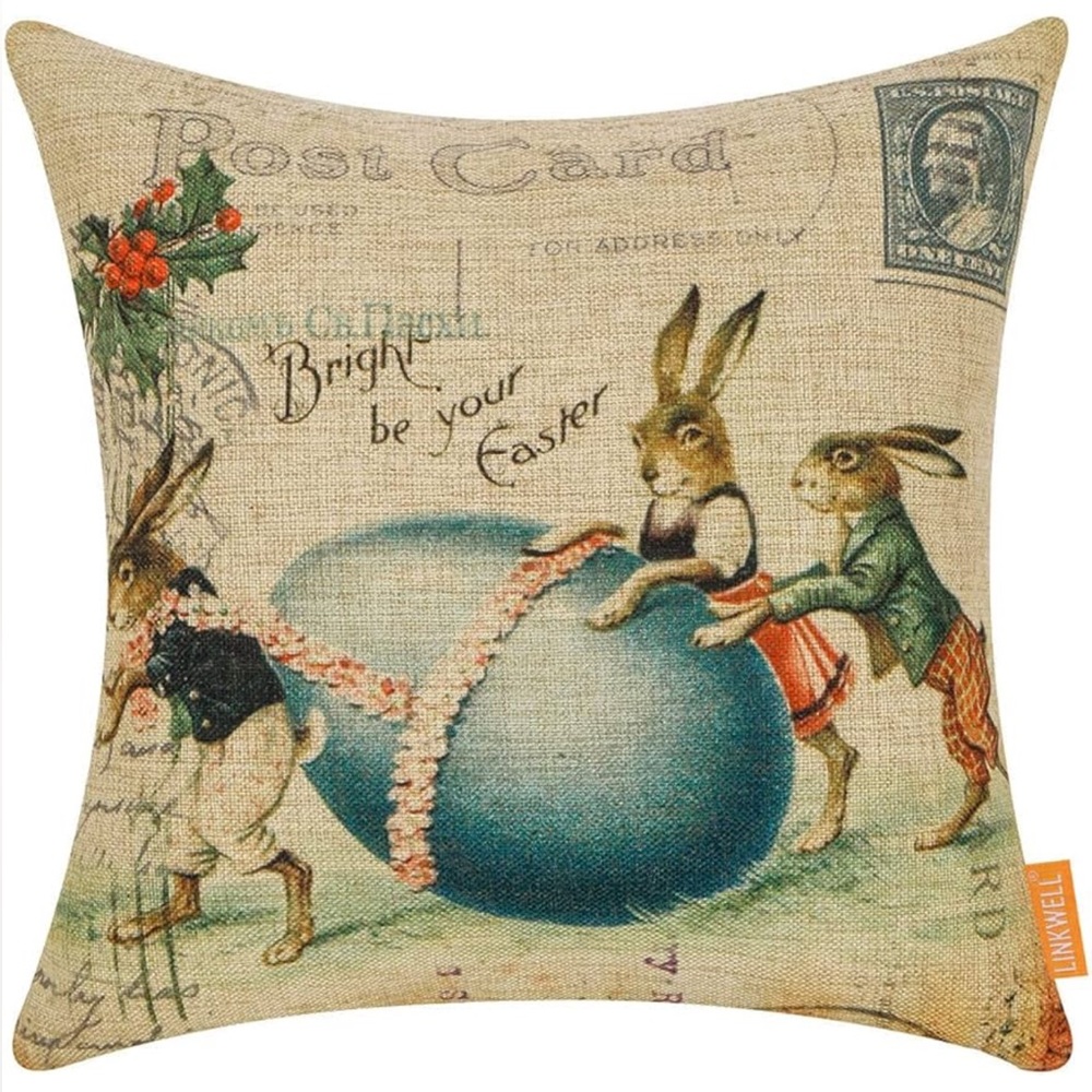 Linkwell pillow cover case Vintage Easter 18x18 Shabby Chic burlap blue tan NWOT